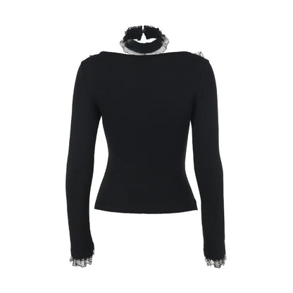 AltGoth Aesthetic Goth T-shirt Women Hotsweet Y2k E-girl 2000s Streetwear Lace Patchwork Square Collar Long Sleeve Crop Tee Tops - SS69