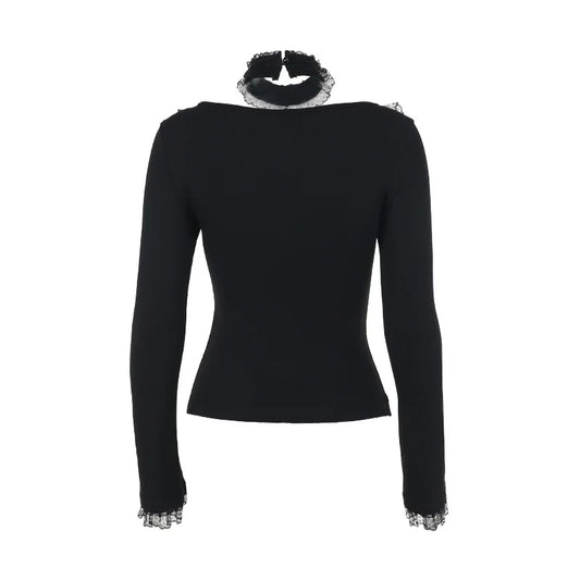 AltGoth Aesthetic Goth T-shirt Women Hotsweet Y2k E-girl 2000s Streetwear Lace Patchwork Square Collar Long Sleeve Crop Tee Tops - SS69