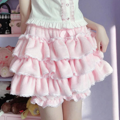 Harajuku Y2k Sweet Pink White Pumpkin Pants Lolita Autumn Winter JK Plush Shorts Japanese Kawaii Ruffles Lantern Shorts SS69