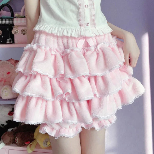 Harajuku Y2k Sweet Pink White Pumpkin Pants Lolita Autumn Winter JK Plush Shorts Japanese Kawaii Ruffles Lantern Shorts SS69