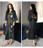 Black Print Flower Long Robe Nightgown Spring Summer Half Sleeve Kimono Bathrobe Gown Women Sexy Rayon Home Dress Loungewear