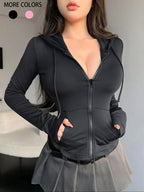 Fashion Women's Zip Up Crop Hooded Sweatshirt Jacket Y2K Spicy Girls Long Sleeve Slimming Sport T-shirts Women Solid Pocket Coat