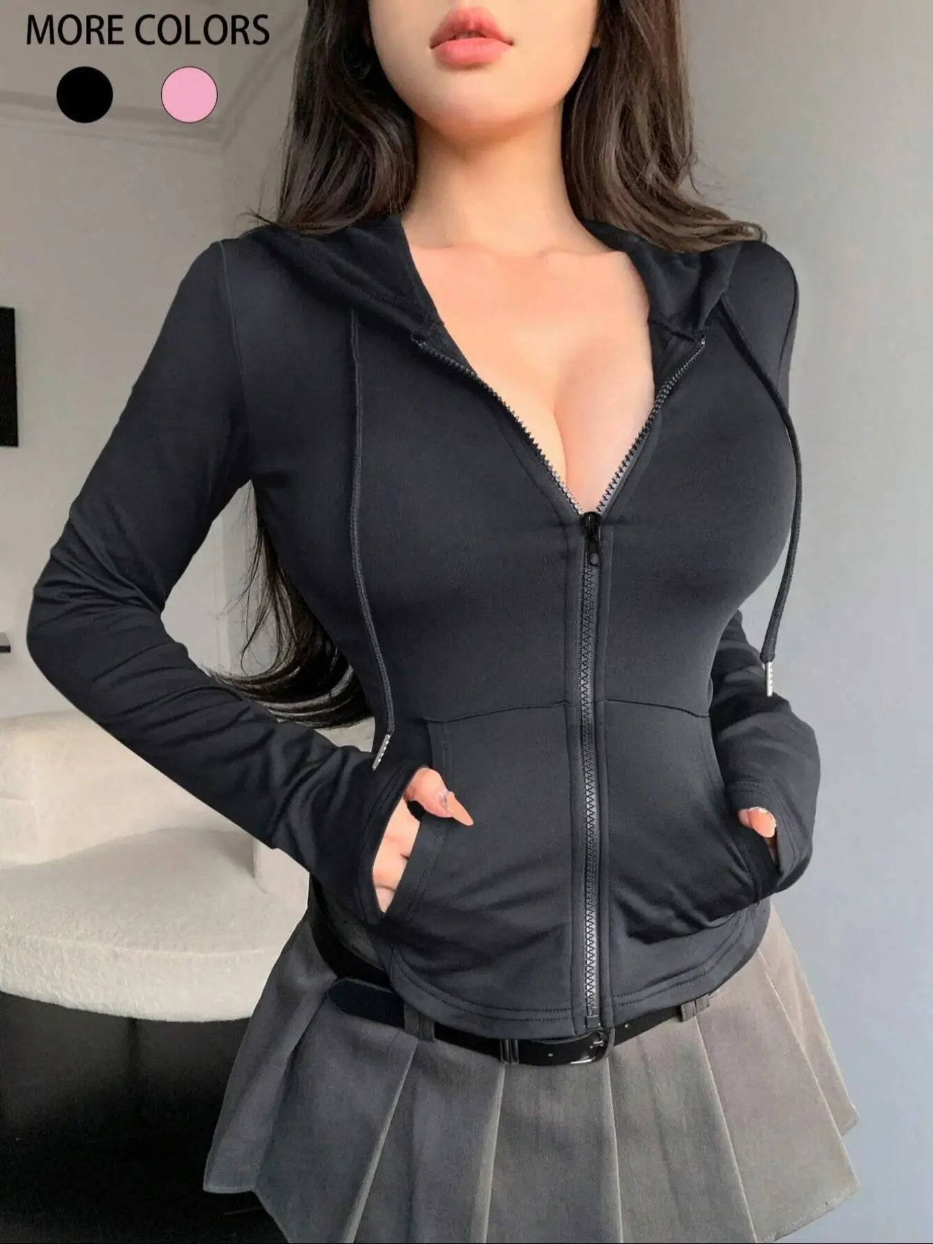 Fashion Women's Zip Up Crop Hooded Sweatshirt Jacket Y2K Spicy Girls Long Sleeve Slimming Sport T-shirts Women Solid Pocket Coat