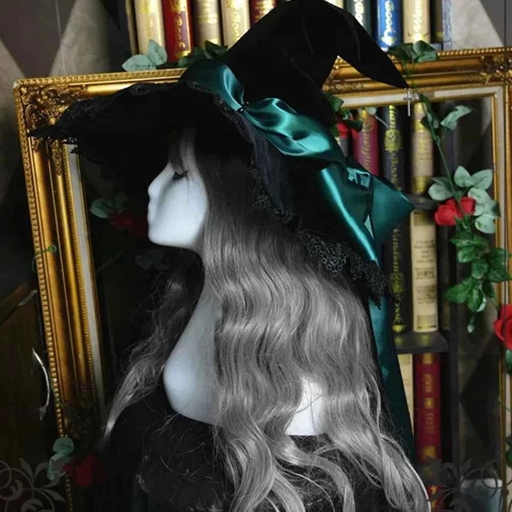 Handmade Lace Witch Pointed Hats Bandage Bow Wizard Hat Adult Gothic Lolita Cosplay Costume Halloween Party Bucket Hat