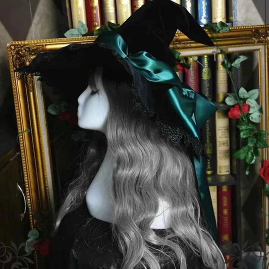 Handmade Lace Witch Pointed Hats Bandage Bow Wizard Hat Adult Gothic Lolita Cosplay Costume Halloween Party Bucket Hat