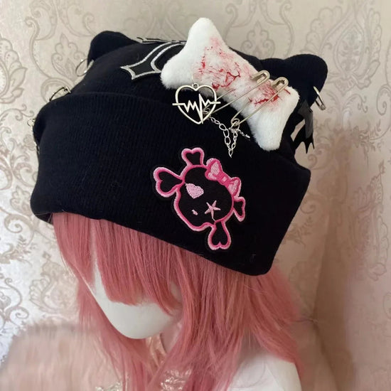 Gothic Punk Cat Ear Hat Cross Skeleton Knitted Black Y2K Girl Subculture Cute Lace Net Hat Chinese Brand None( AE Stock) SS69