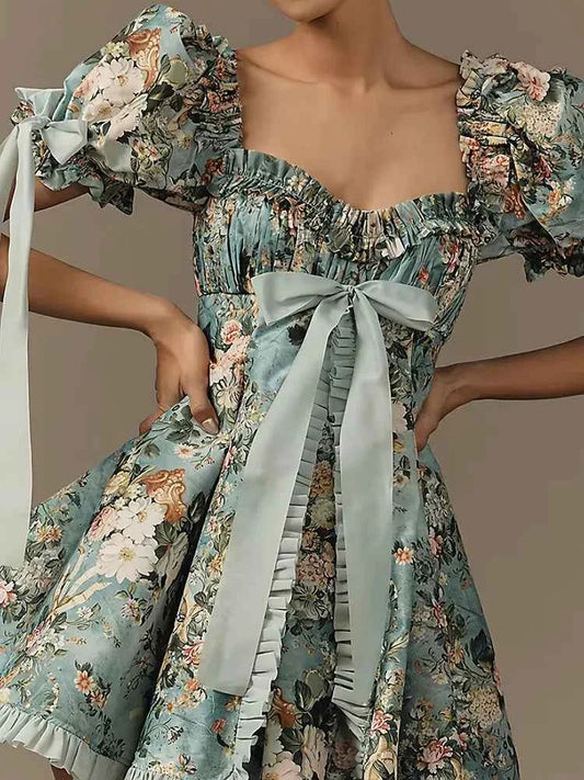 New Plus Size Women's Lace Square Collar Mini Dress With Floral Print Lantern Short Sleeves Dress Party Elegant Evening Dresses