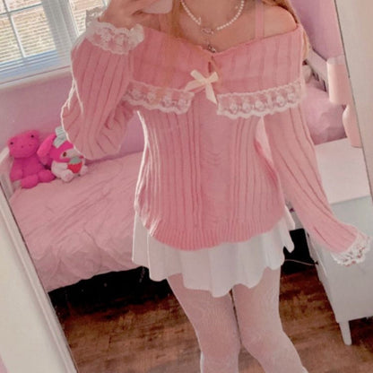 Pretty Cute Outfits Harajuku Cosplay Sweater Kawaii Lace Trim Off Shoulder Pullovers Y2K Aesthetic Vintage Long Sleeve Jumpers SS69