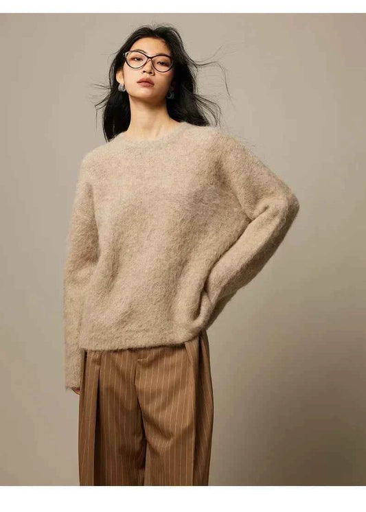 Warm Alpaca Pullovers for Woman, Dropped Sleeved Loose Sweaters, 2025 Fall Winter Top, Camel, Beige
