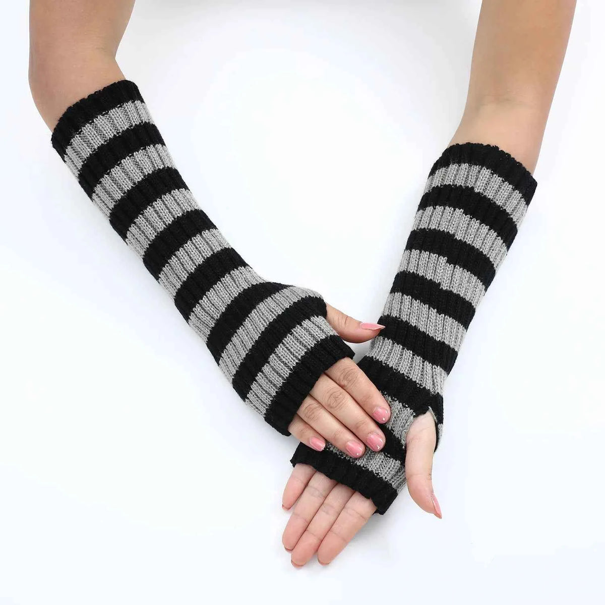 Women's Knitted Fingerless Arm Sleeves Gothic Style Striped Winter Long Arm Warmers Girls Harajuku Y2K Fashion Wrist Gloves