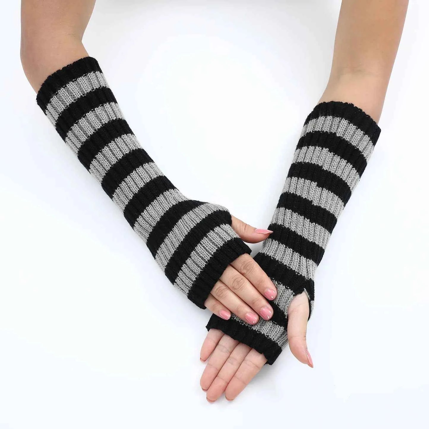 Women's Knitted Fingerless Arm Sleeves Gothic Style Striped Winter Long Arm Warmers Girls Harajuku Y2K Fashion Wrist Gloves