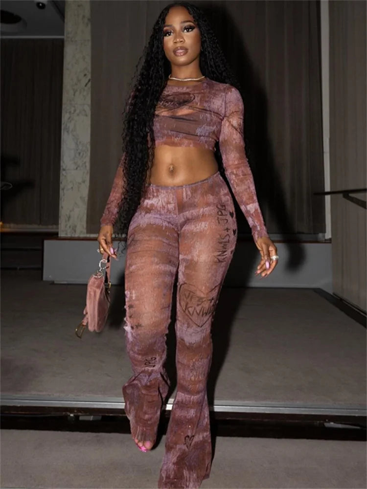Weird Puss Fashion Print Sexy See Through 2 Piece Set Women o-Neck Full Sleeve Crop Tops+Straight Flared Pants Hottie Streetwear SS69 22.69 Brown / M