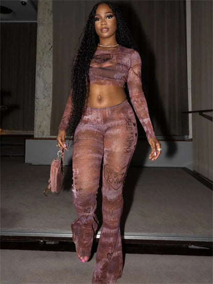 Weird Puss Fashion Print Sexy See Through 2 Piece Set Women o-Neck Full Sleeve Crop Tops+Straight Flared Pants Hottie Streetwear SS69 22.69 Brown / M