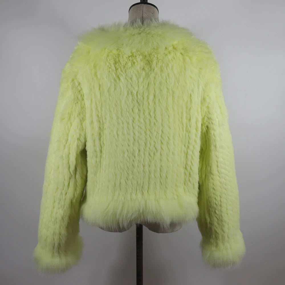 New Women Autumn Winter Knitted Real Rabbit Fur Coat 100% Natural Rabbit Fur Jacket With Fox Fur Collar Overcoat For Female