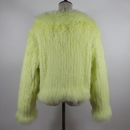 New Women Autumn Winter Knitted Real Rabbit Fur Coat 100% Natural Rabbit Fur Jacket With Fox Fur Collar Overcoat For Female