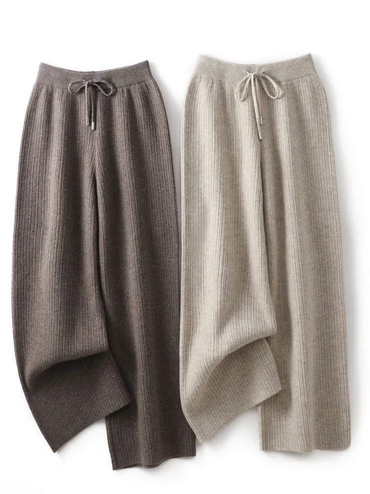 Yoyoselect New Popular Women Wide-Leg Wool Pants 100% Merino Wool Quality Soft Trousers Basic Casual Knitted Elastic Waist Slack SS69