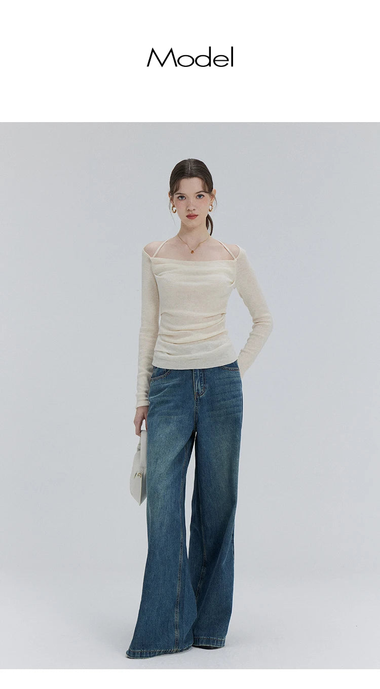 EGGKA Autumn One-shoulder Halter Neck Knitted Tops Women Slim Designer T-Shirts Slash Neck Long Sleeve Tops Korean Fashion Tees SS69