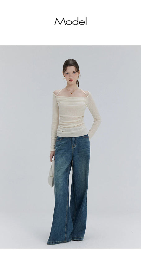 EGGKA Autumn One-shoulder Halter Neck Knitted Tops Women Slim Designer T-Shirts Slash Neck Long Sleeve Tops Korean Fashion Tees SS69