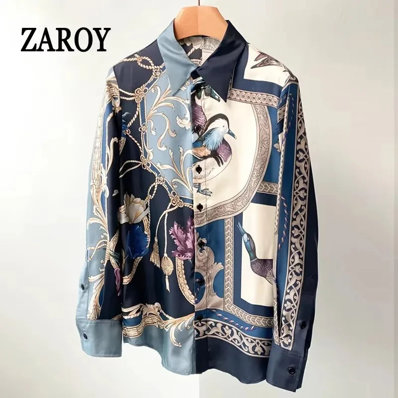 Camisas Newest Exclusive Women Luxury Shirt Long Sleeve Lapel Satin Shirt Old Money Print Brand Design Shirt OL Blouse руба