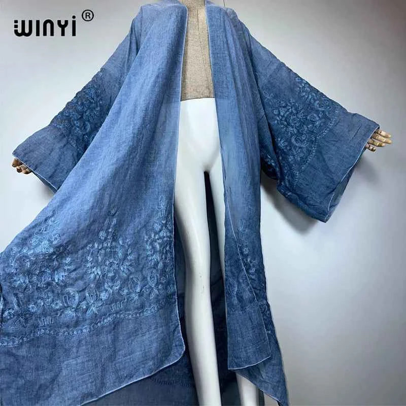 WINYI kimono Hand-dyed embroidered cardigan beachwear evening dress abaya dubai luxury cover-ups beach outfits women maxi coat
