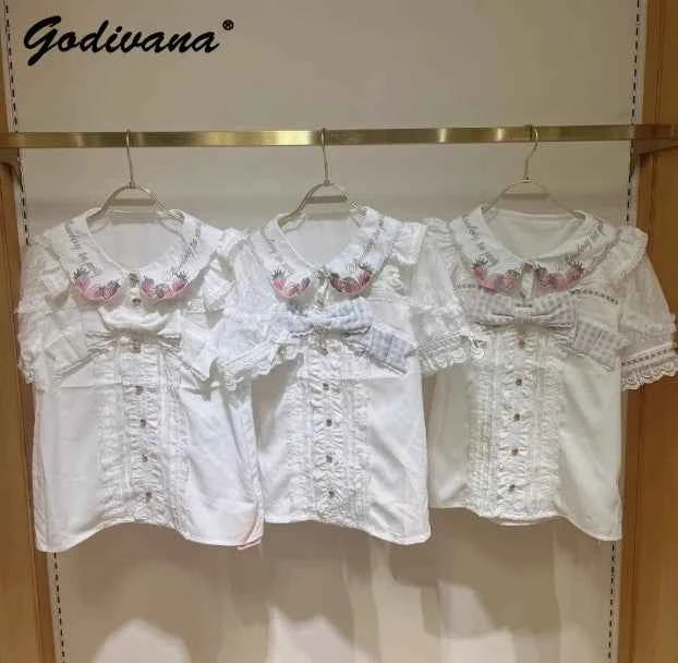 Japanese New Liz Plaid Bow Lolita Strawberry Embroidered Short Sleeve Shirt Women's Spring Summer Sweet Blouse Shirts