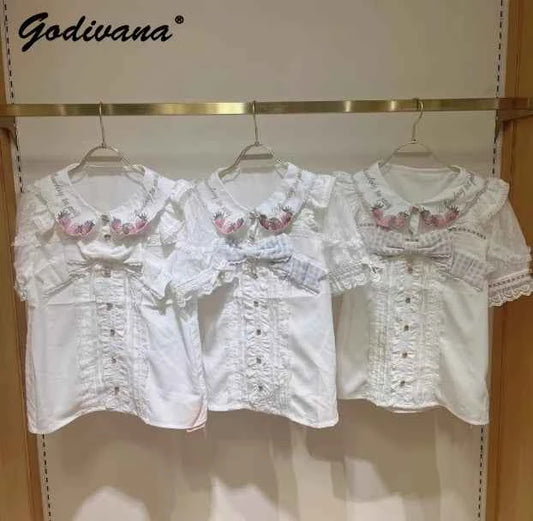 Japanese New Liz Plaid Bow Lolita Strawberry Embroidered Short Sleeve Shirt Women's Spring Summer Sweet Blouse Shirts