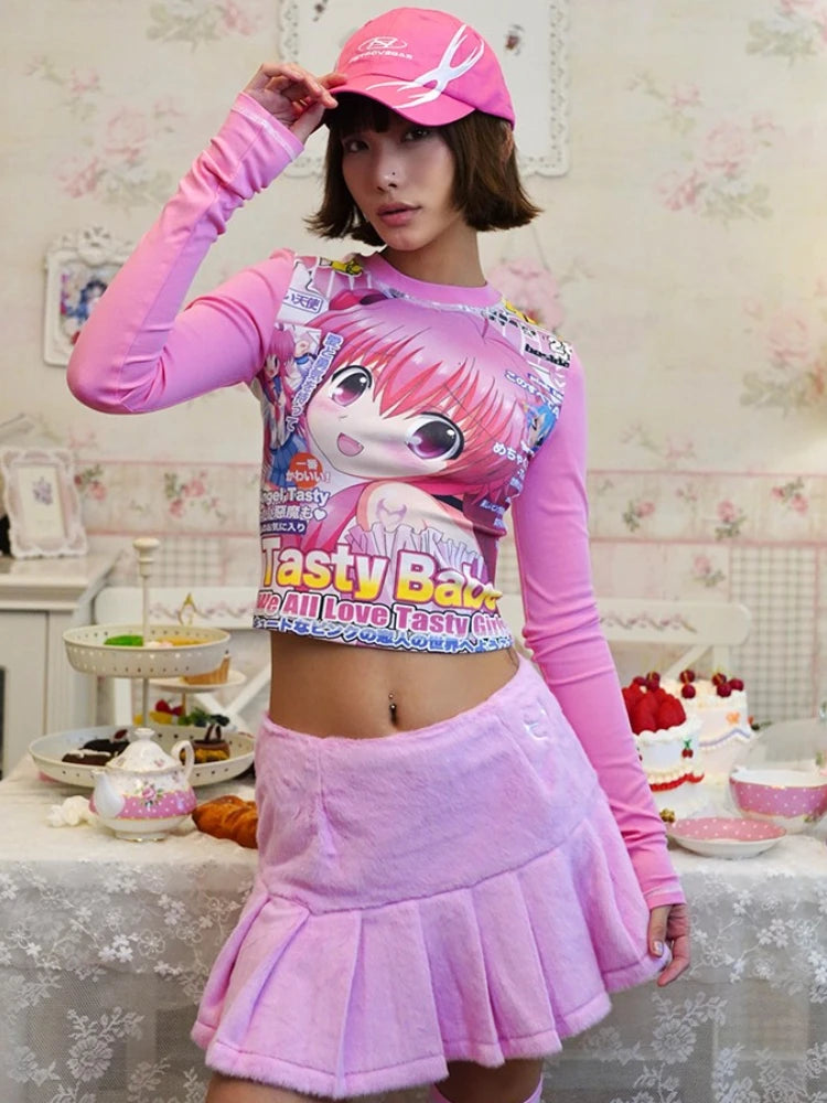 Deeptown Harajuku Kawaii Anime Graphic T Shirts Women Cutecore Cartoon Patchwork Tees Y2K Aesthetic Slim Crop Top Japanese 2000s SS69