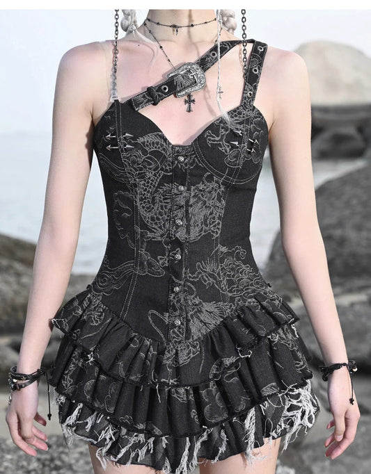 Blood Supply Original Punk Aesthetic dress hot girl Dragon Pattern Denim Sexy Slim Fit Dress Summer Halter Ruffles Short Dresses SS69