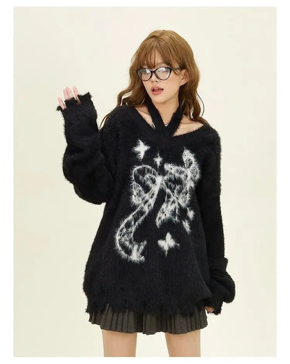 Winter American New Green Bow Neck Sweater Women Loose Print Pattern Vintage High Street Lazy Wind Knitted Sweater SS69