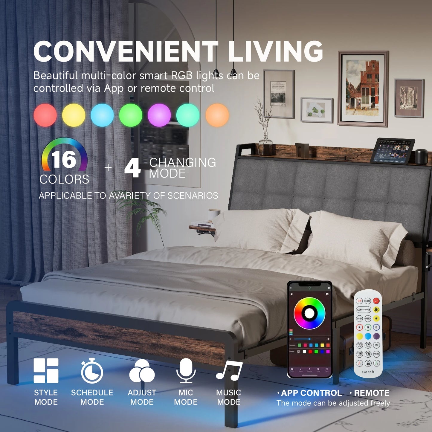 Redlife Full/Queen Bed Frame w/ Upholstered Headboard Wood Footboard, Metal Bed Frame w/ Charging Station LED Lights Noise Free