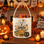 Custom Name Halloween Candy Bucket, Cute Ghost Pumpkin Black Cat Design Trick or Treat Pail, Kids Halloween Party Candy Basket