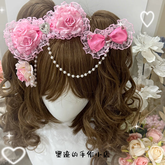 SS69 Lolita Lace Bow Hairpin with Pearl Chain and Floral Accents