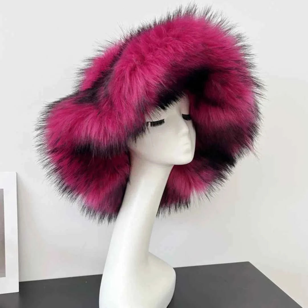 Luxury Fluffy Women Faux Fur Bucket Hats Oversized 17cm Wide Brim Thicken Outdoor Warm Plush Punk Hat Girl Y2k Female Ski Panama