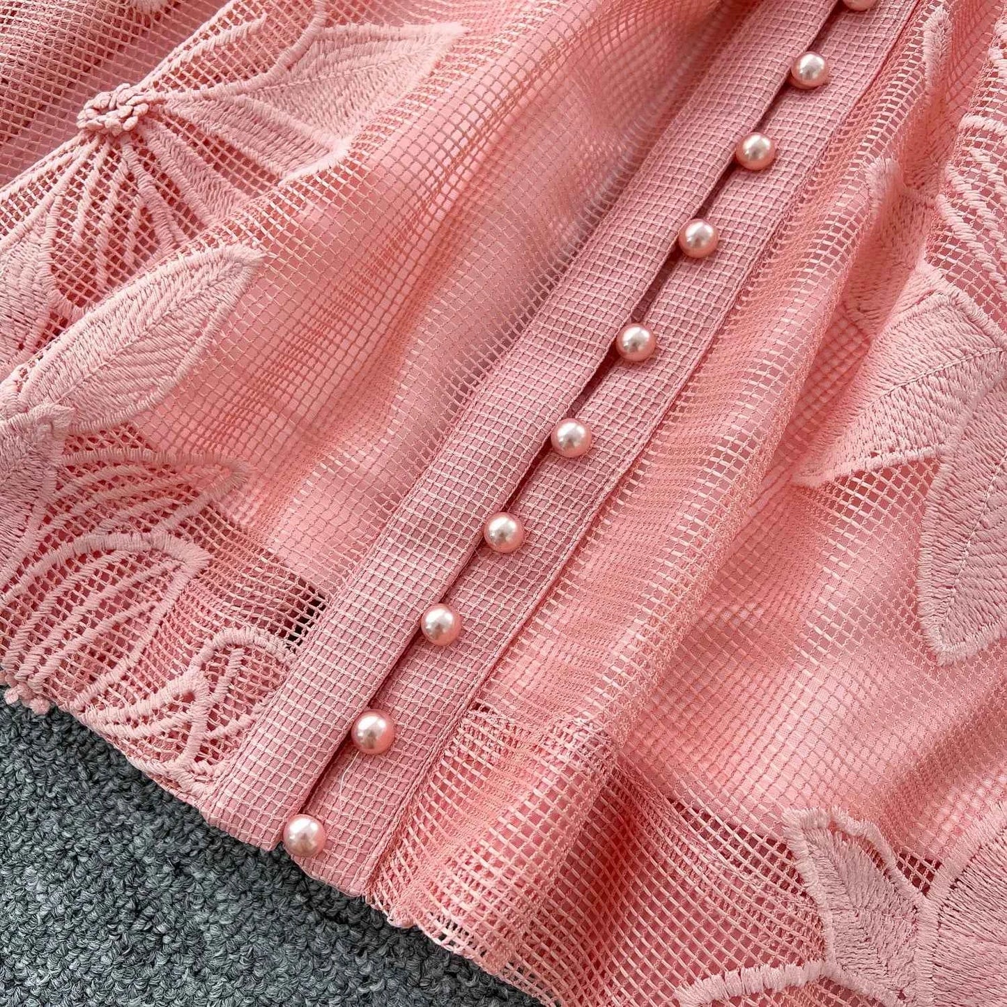 SINGREINY Women Elegant Floral Emboridery Dress Hollow Out Long Sleeve Single Breasted Belt French Court Chic Short A Line Dress