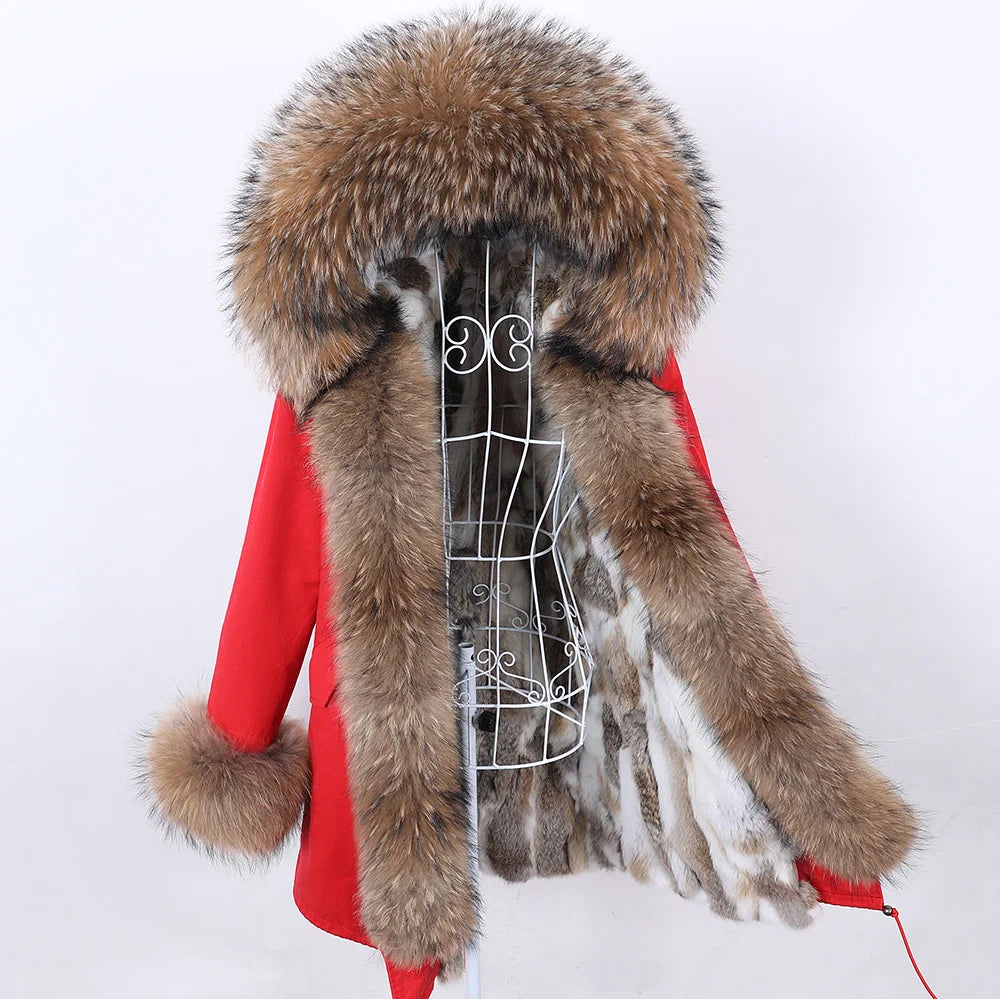 Maomaokong Winter Women Parka Cotton Jacket Real Fur Coat Natural Fox Fur Hooded Rabbit Fur Liner Thick Warm Outerwear Female