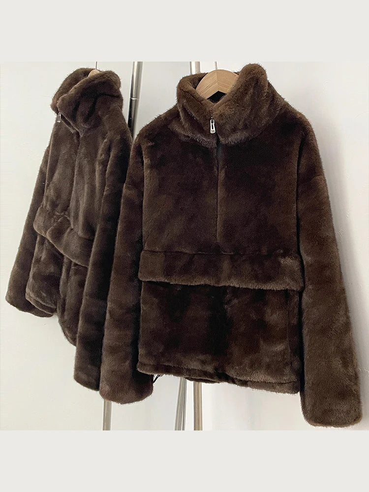 Mueyeruho 2026 Autumn Winter Women Faux Mink Fur Sweatshirt Pullover Solid Brown Streetwear Warm Long Sleeve Plush Fluffy Jacket