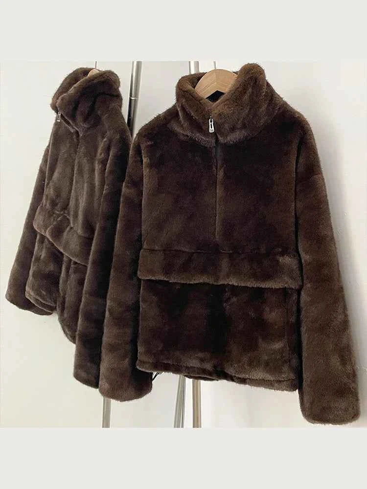Mueyeruho 2026 Autumn Winter Women Faux Mink Fur Sweatshirt Pullover Solid Brown Streetwear Warm Long Sleeve Plush Fluffy Jacket