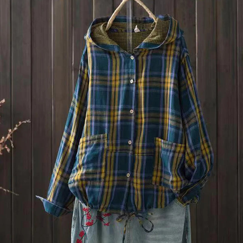 Large size blouses for women autumn spring hooded long sleeve single-breasted plaid shirts oversized shirt top female hoodies