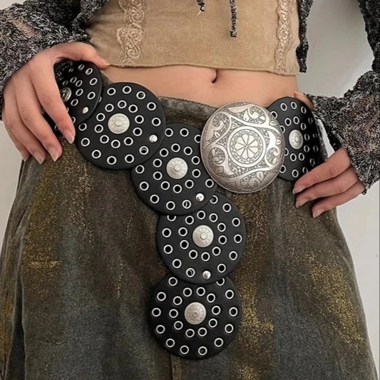 SS69 Women's Y2K Vintage Rivet Patchwork Wide Faux Leather Waist Belt