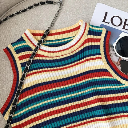 YuooMuoo Chic Fashion Knitted Tops Women 2025 Summer Y2K Rainbow Striped Slim Elastic Sleeveless Tank Tops Steetwear Lady Shirts SS69