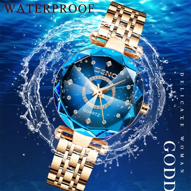SENO Ocean Star Women Crystal Watch 2024 Top Brand Luxury Rose Gold Women Bracelet Watch for Ladies Wrist Watch Relogio Feminino SS69