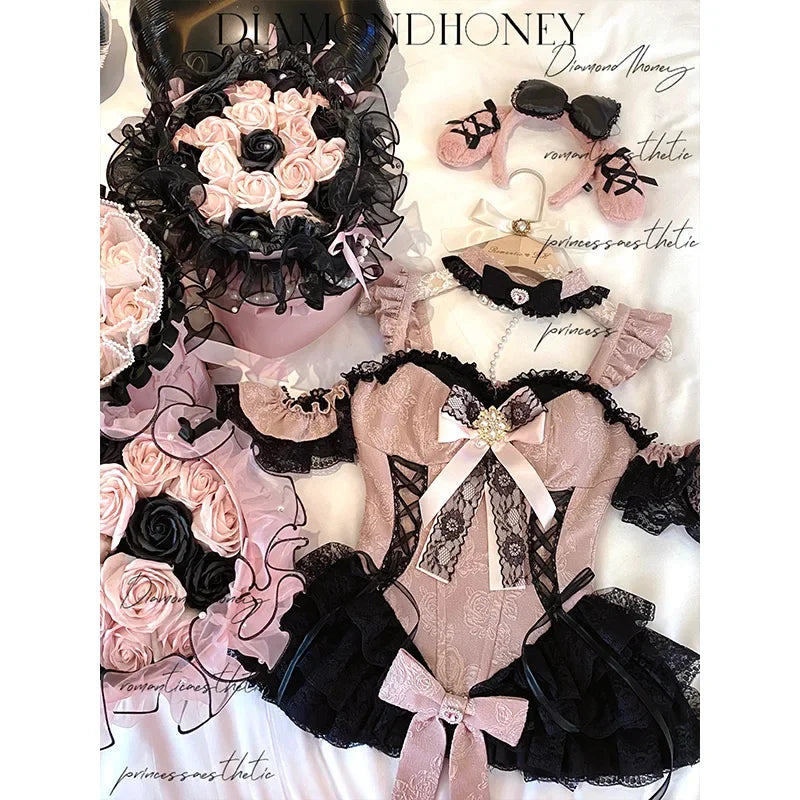 2024 New Spring Summer Ladies Exquisite Lace Skirt Suit Lolita Sweet Womens Black Pink Bow Tube Top Sling Short Cake Skirt Set SS69 91.69 black pink top / XL