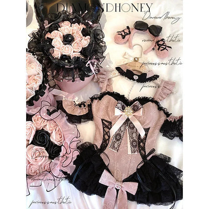 2024 New Spring Summer Ladies Exquisite Lace Skirt Suit Lolita Sweet Womens Black Pink Bow Tube Top Sling Short Cake Skirt Set SS69 91.69 black pink top / XL