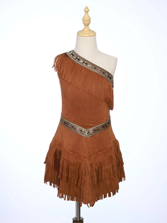 YiZYiF Girls Native American Inspired Fringe Dress with Sleeves Cosplay Set