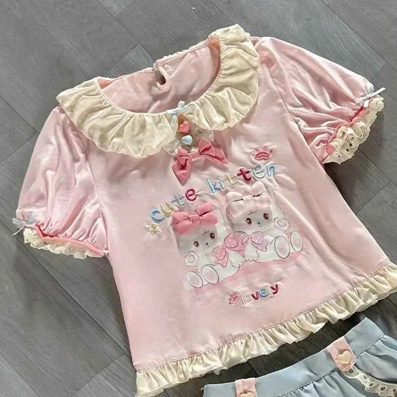 Y2K JK Lolita Japan Kawaii Girl Cute Sweet Lace T-shirt Lolita Print Tops Bow Cake Blouse  A-line Spliced Cake Skirt New Chic
