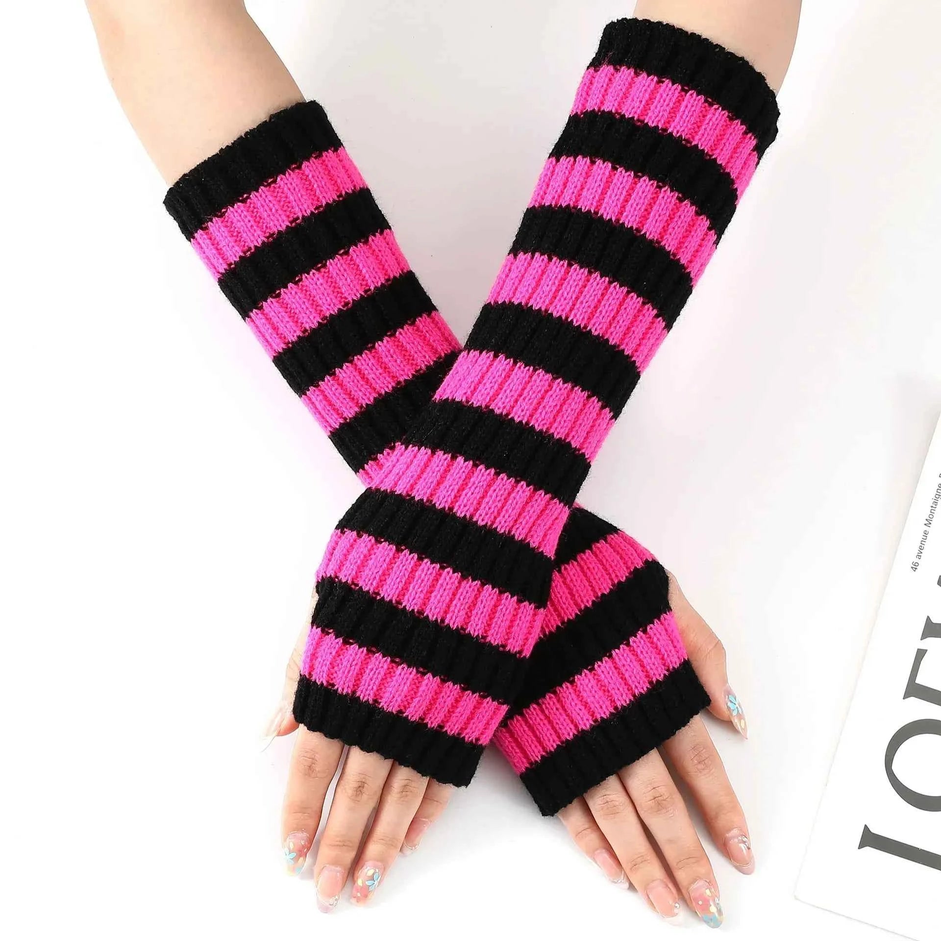 Gothic Striped Knitted Fingerless Arm Sleeves Black White Striped Winter Long Arm Warmers Girls Harajuku Y2K Wrist Gloves