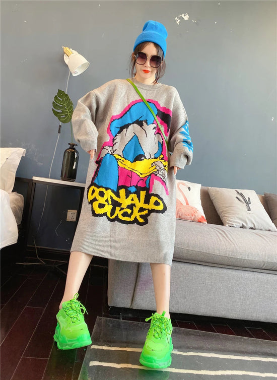 Korean Long-Sleeved Pullover Sweater Loose Fashion Women Autumn Winter Cartoon Embroidered Thickened Long Section Knitted Top SS69