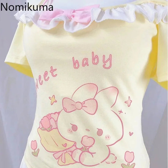 2025 Ropa Mujer Sweet Woman T Shirts Slash Neck Short Sleeve Tees Fashion Japnese Camisetas Y2k Tops Ruffles Anime Cute Tshirts SS69