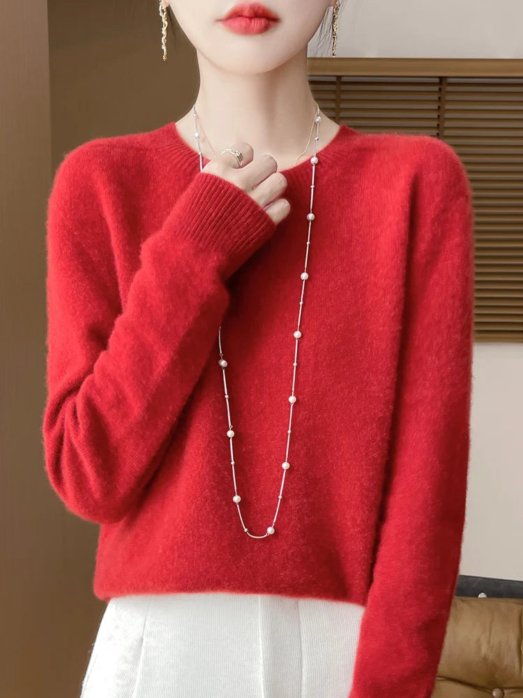 Addonee Women's 100% Merino Wool O-Neck Pullover Sweater