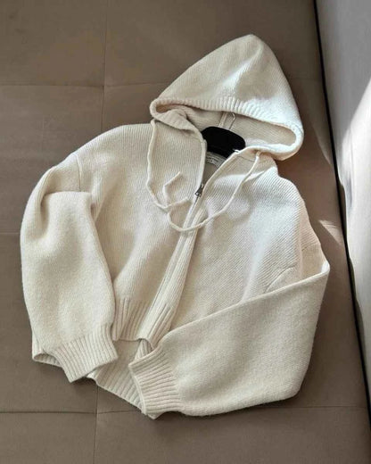 Autumn Knitted Women's Short Cardigan with Zipper Gray Winter Sweater Casual Cute Vintage White Cardigan for Women with Hood